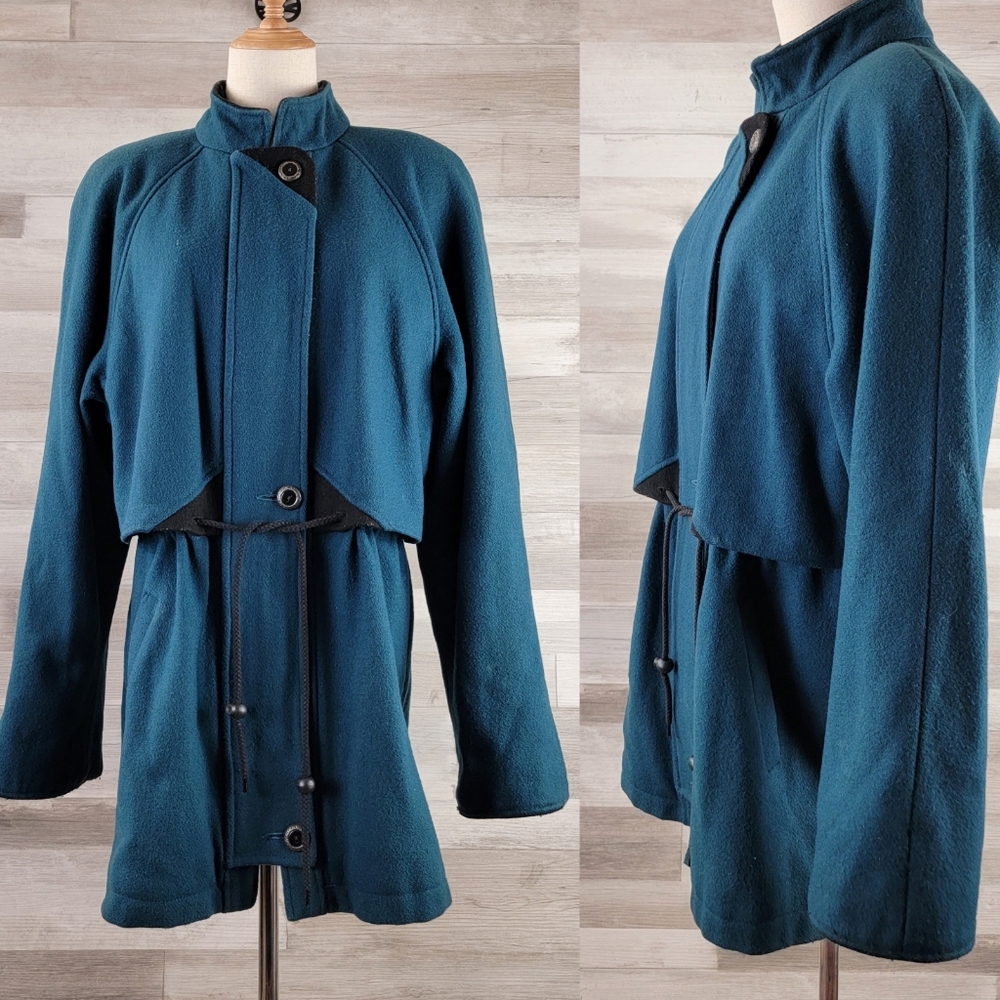 Vintage Spencer Douglas Dark Teal, Black Trim Wool Mid Length Winter Coat Large